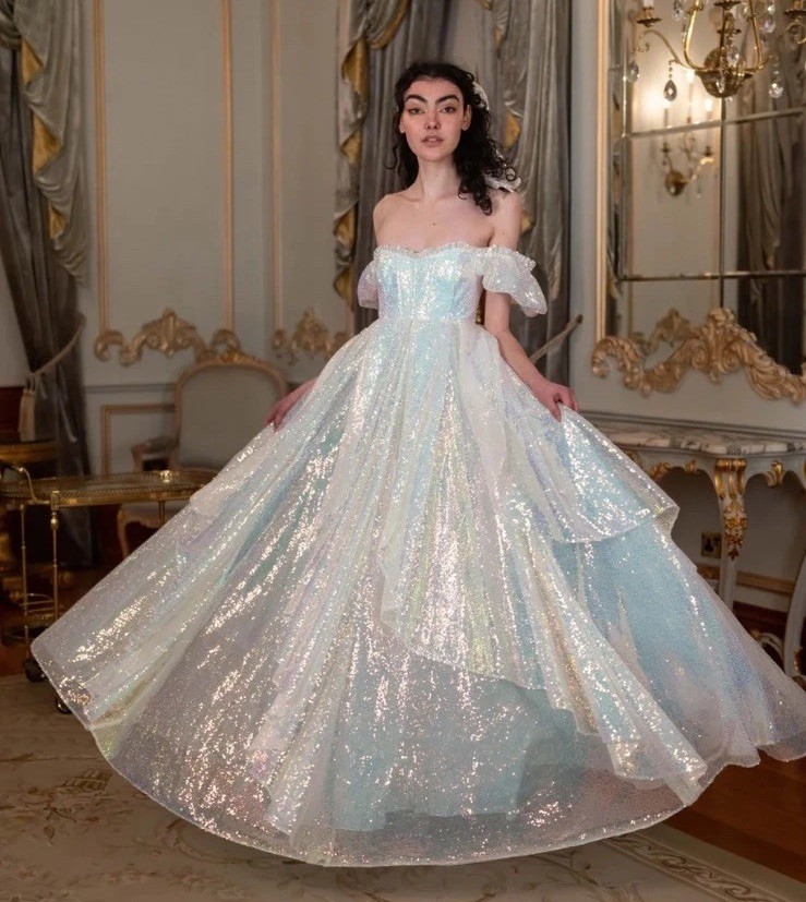 Off Shoulder Iridescent Sequin Ball Gown Wedding Dress Fairy Tiered Bridal Gown