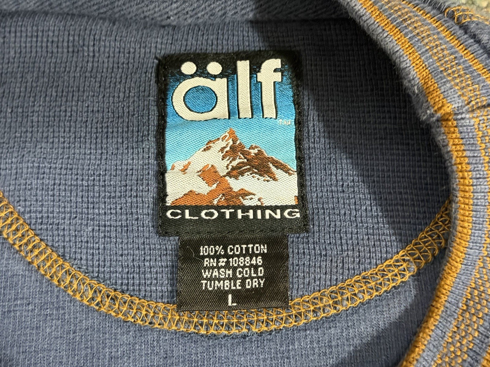 Vintage 90s Alf Kuhl Waffle Knit T Shirt Mens L Blue Jacquard Embroidered Collar