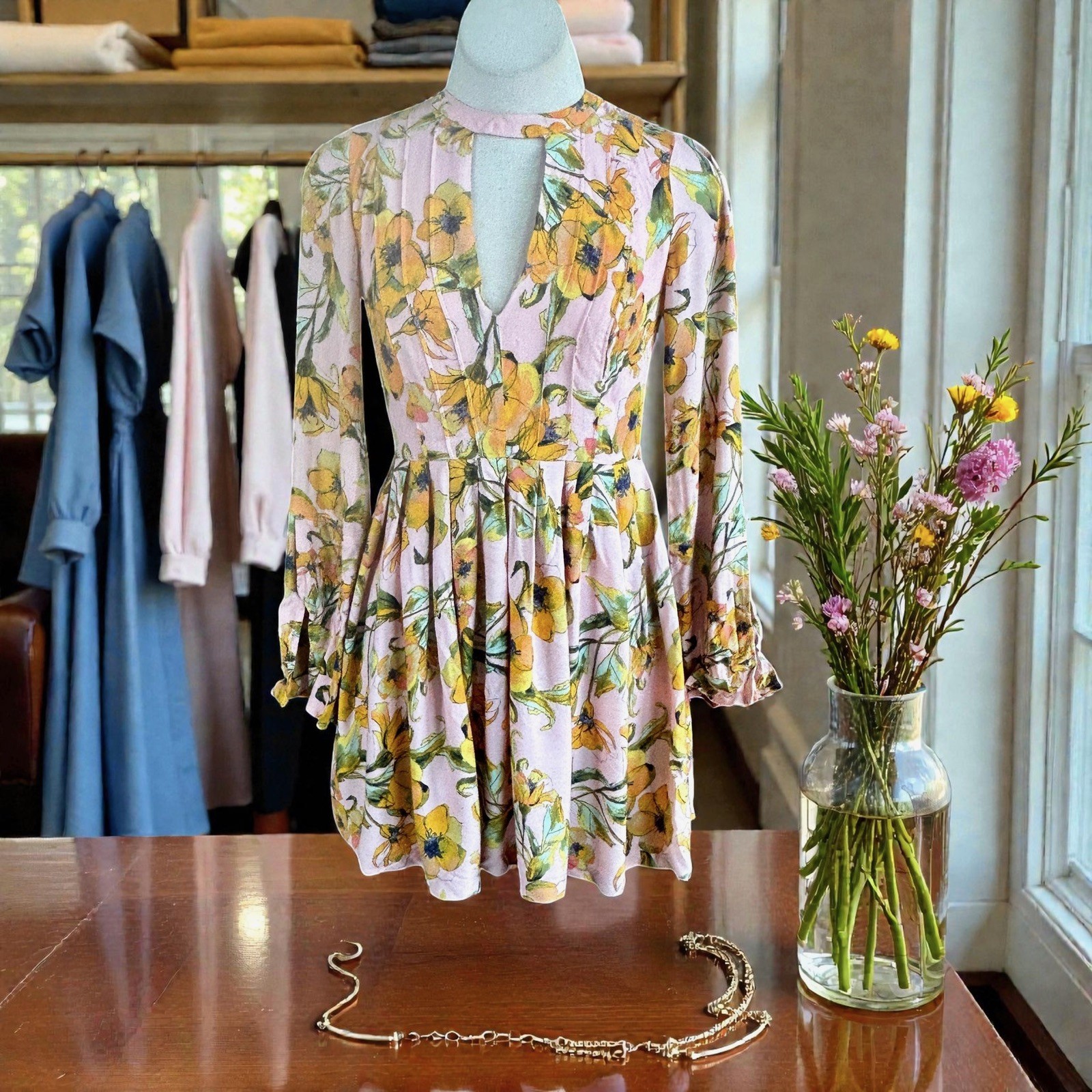 Free People Dress Tegan Floral Cutout V-Neck Pleated Long Sleeve Mini Skater