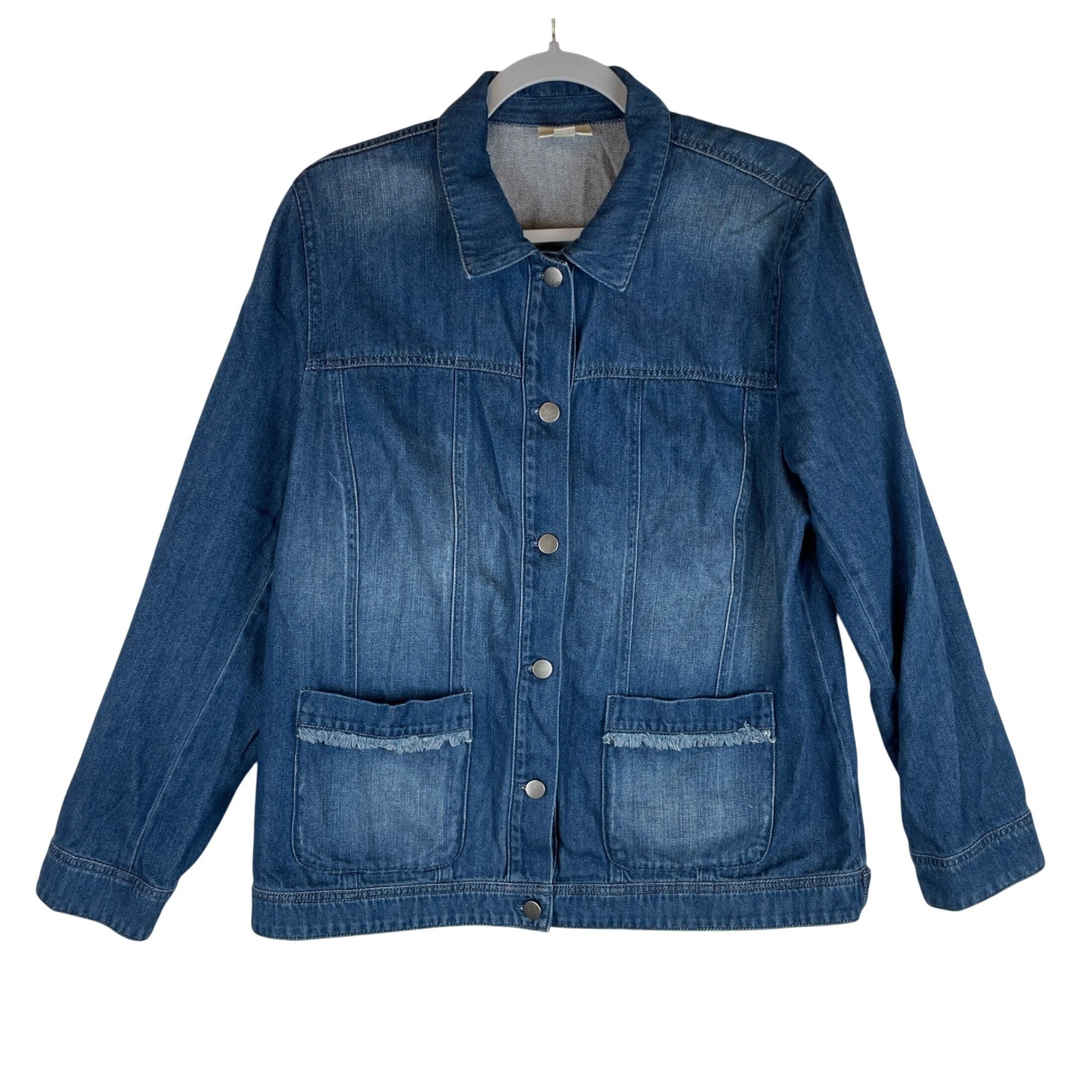 J. Jill Denim Jacket Womens Large Blue Cotton Frayed Trim Button Up WJT116751
