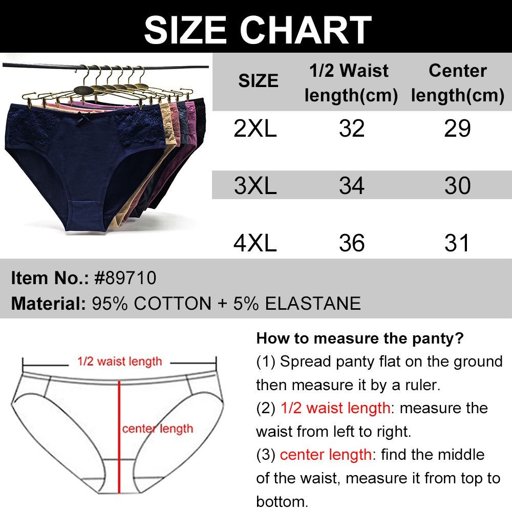 Ladies Full Cotton Panties Knickers Briefs 6 Pack – Asian 2XL=UK 12/14 (chart)