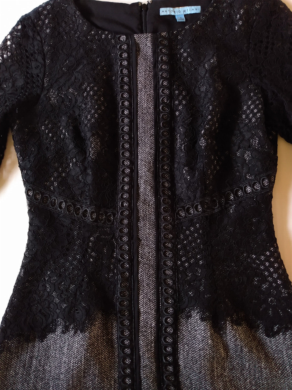 Antonio Melani Dress Size 4 Black Lace 3/4 Sleeve Sheath Above-Knee Zip Back