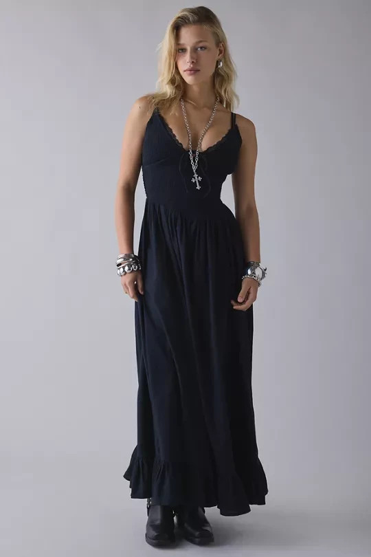 BDG-Kimchi Blue Keepsake Tie-Front Smocked Cotton Maxi Dress