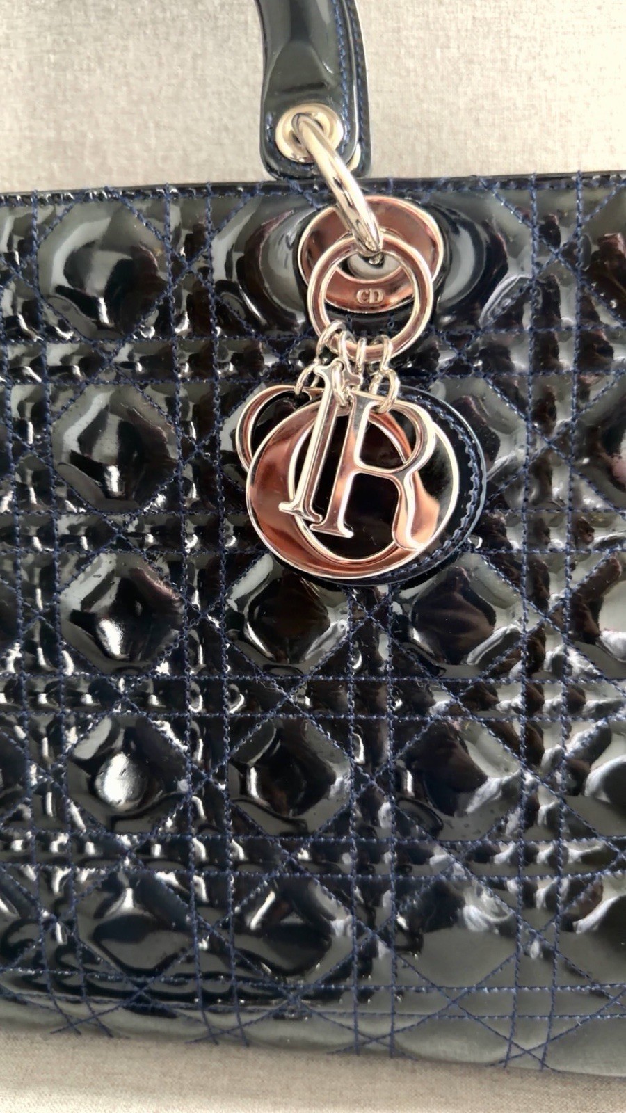 Dior navy blue Patent Lady Dior Satchel with Silver Hardware
