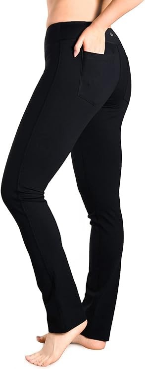 Black Yoga Pants Womens Medium Tall Straight Leg Waistband Pockets Work Pants