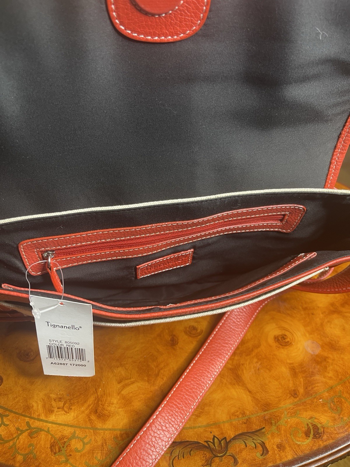 Tignanello Beige & Red Shoulder Bag, Buckle Accent, Magnetic Zip Closure