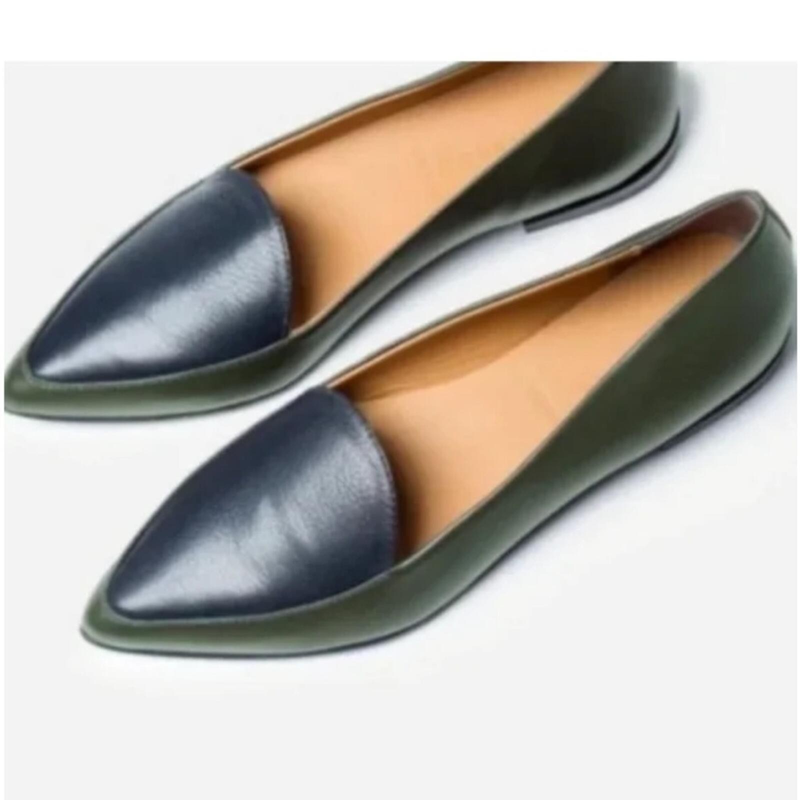 Everlane The Modern Point Flat Forest Green/ Black Leather Flats