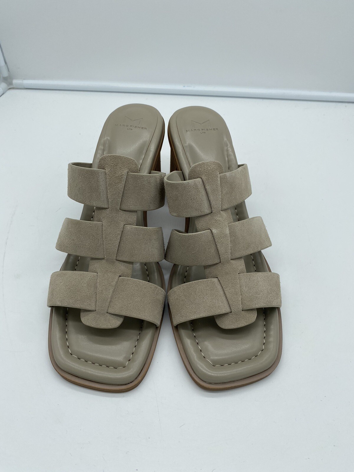 New Marc Fisher LTD Louisa Leather Block Heel Slip On Mules Woven Gray Size 11M