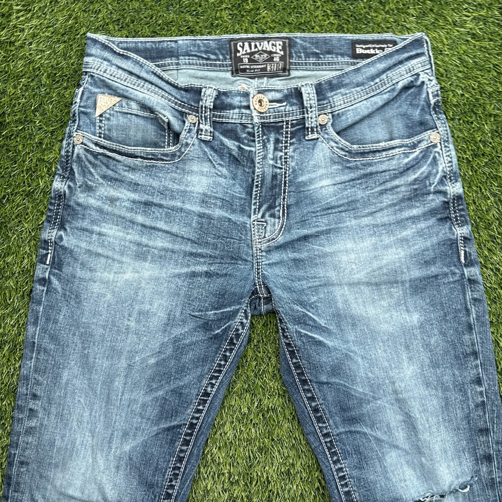 Salvage Havoc Slim Straight Jeans Mens 31×32 32R Blue Denim Distressed
