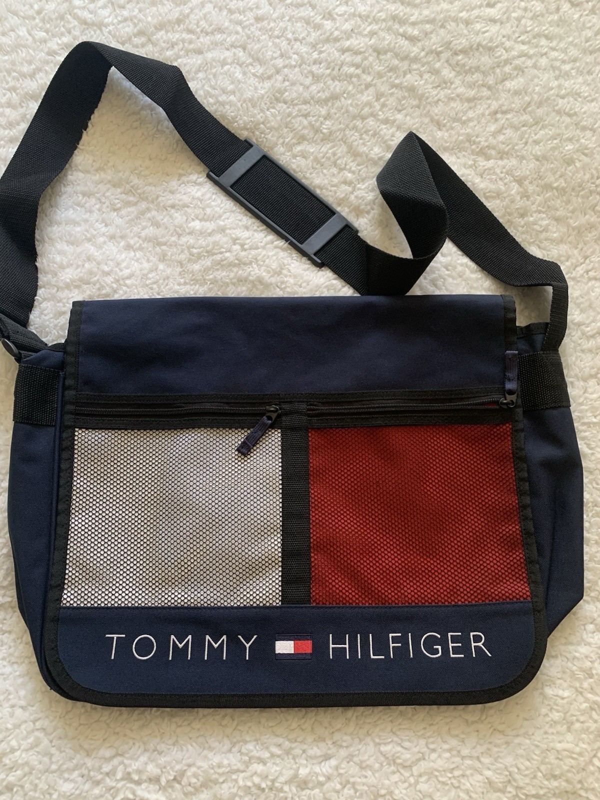 Vintage Tommy Hilfiger Flag Polyester Messenger Crossbody Bag Navy Red White