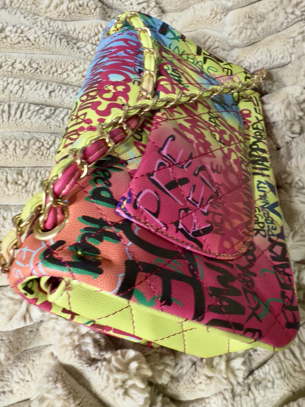 Alba Colorful Funky Graffiti Print Quilted Flap Shoulder Bag