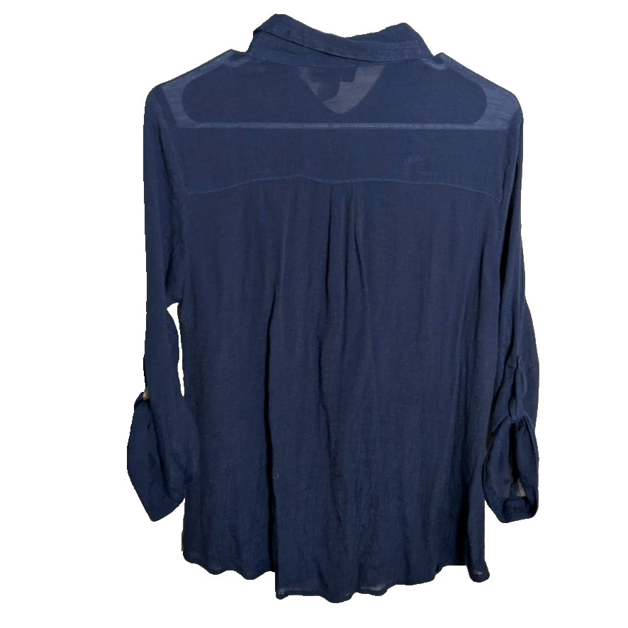 B Wear Shirt Women’s XL Blue Navy Button Up Sheer Pocket 3/4 Sleeve Casual Top
