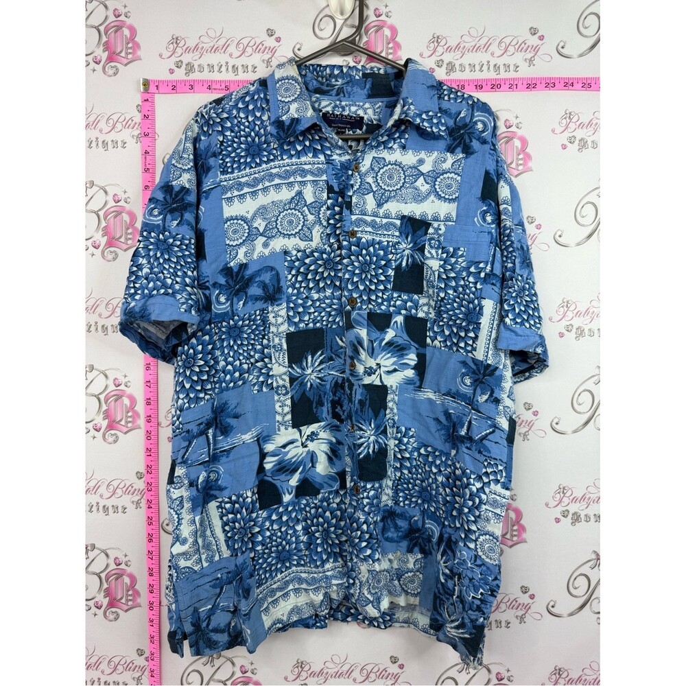 Hathaway shirt tropical palm Blue Patchwork Floral Short-Sleeve Button Down
