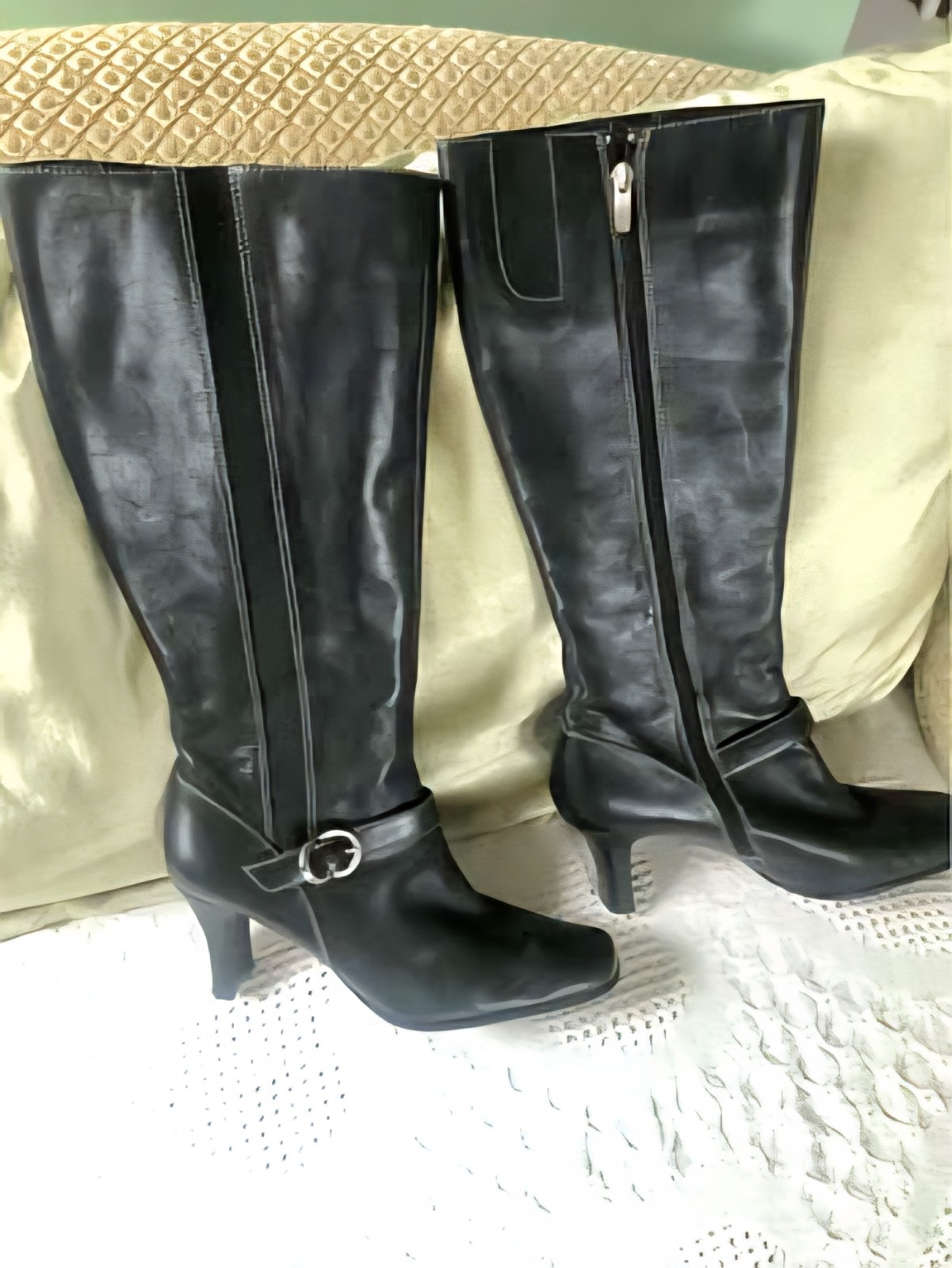 Anne Klein Black Leather Knee High Boots ~ Y2K Contrast Stitch Stacked Size 8