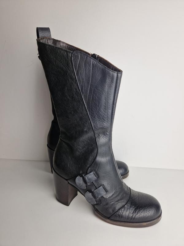 Vintage IXOS Black Leather Mid Calf Boots EU 38 US 7.5 Made in Italy Chunky Heel