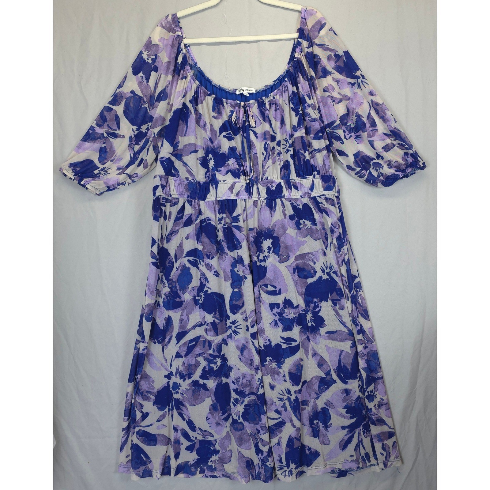 Kathy Ireland Blue Purple Floral Mesh Midi Dress Women 3X Romantic Modest