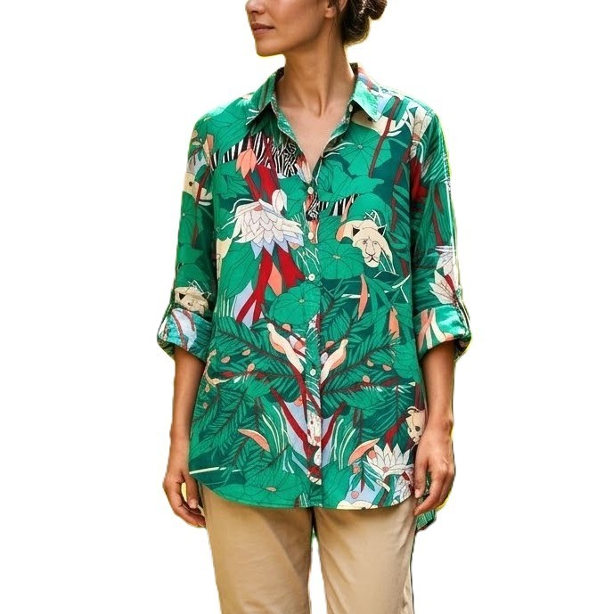 TALBOTS S Green Safari Animal Roll Tab Cotton Button Up Relaxed Shirt Top NWT