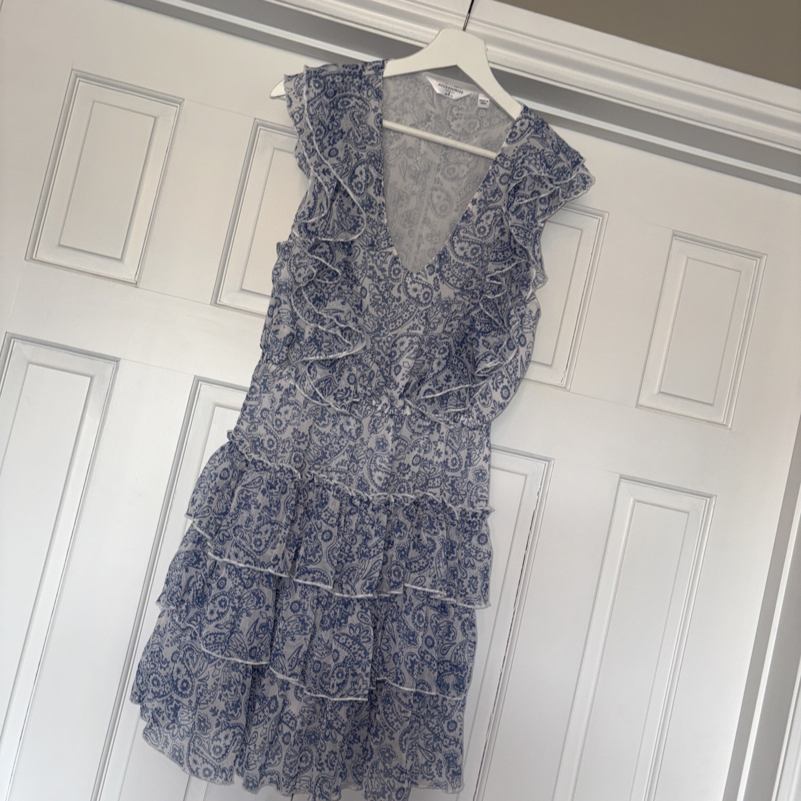 Accessorize London Blue & White Paisley Ruffle Tiered Mini Dress UK M 12-14