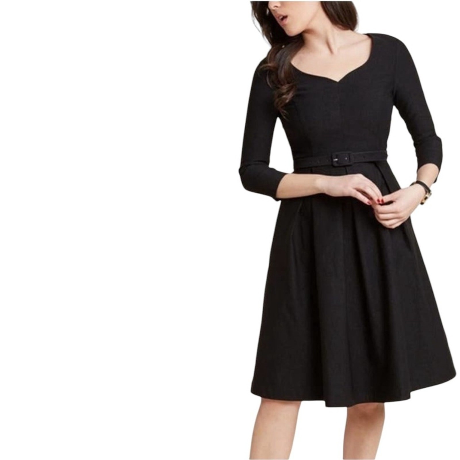 ModCloth Large Black Rayon/Nylon/Span “Sartorial Secret” Belted Fit Flare Dress