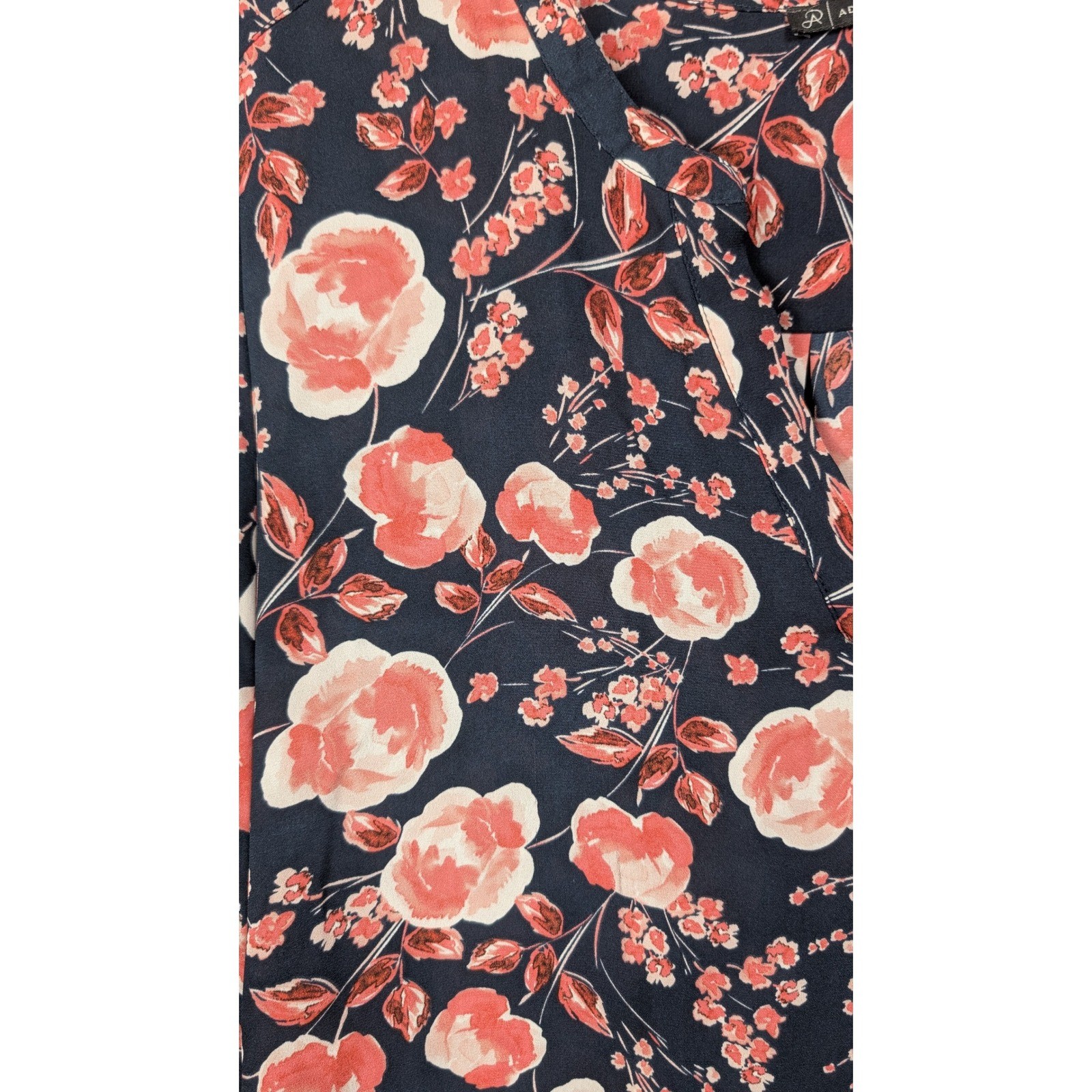 Adrianna Papell XL Blouse Floral Print Long Sleeve Split Neck Top Navy Blue Pink