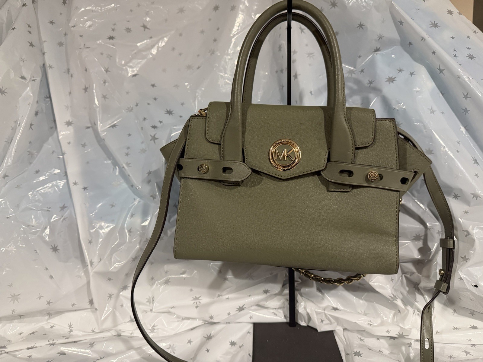 Michael Kors Green Medium Satchel Top Handle Buckle/Zip Gold Detachable Strap