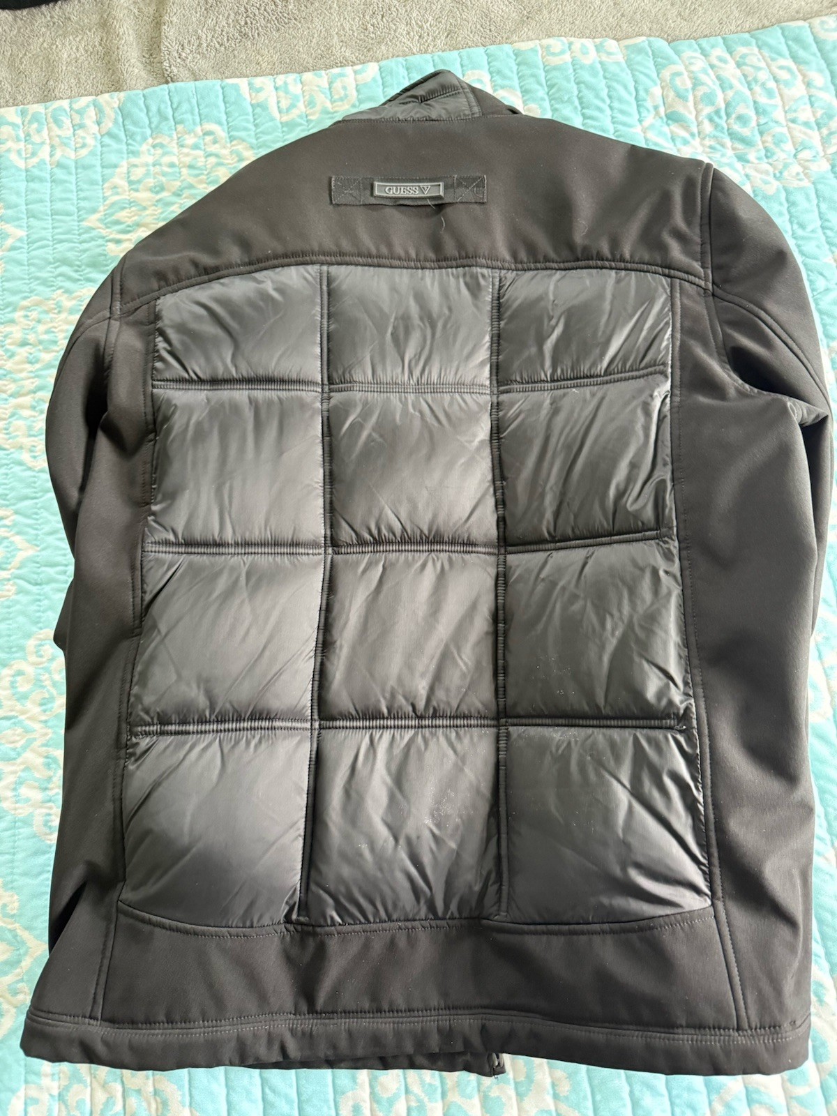 GUESS Puffer Jacket Black Quilted Zipper Logo Band Collar Lightweight Size XL