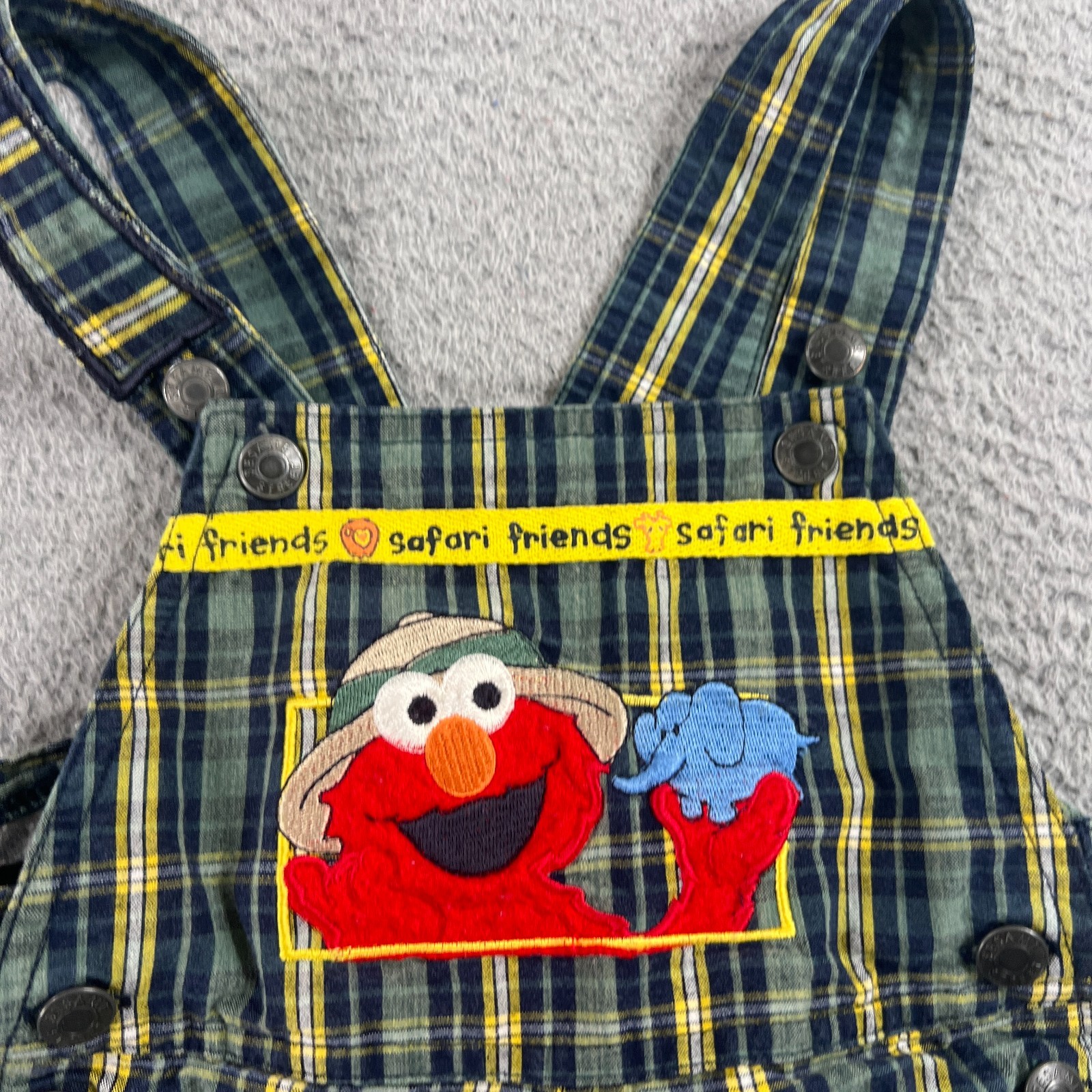 Sesame Street Safari Elmo Plaid Shortall Overalls Kids 24M Vtg Retro Green