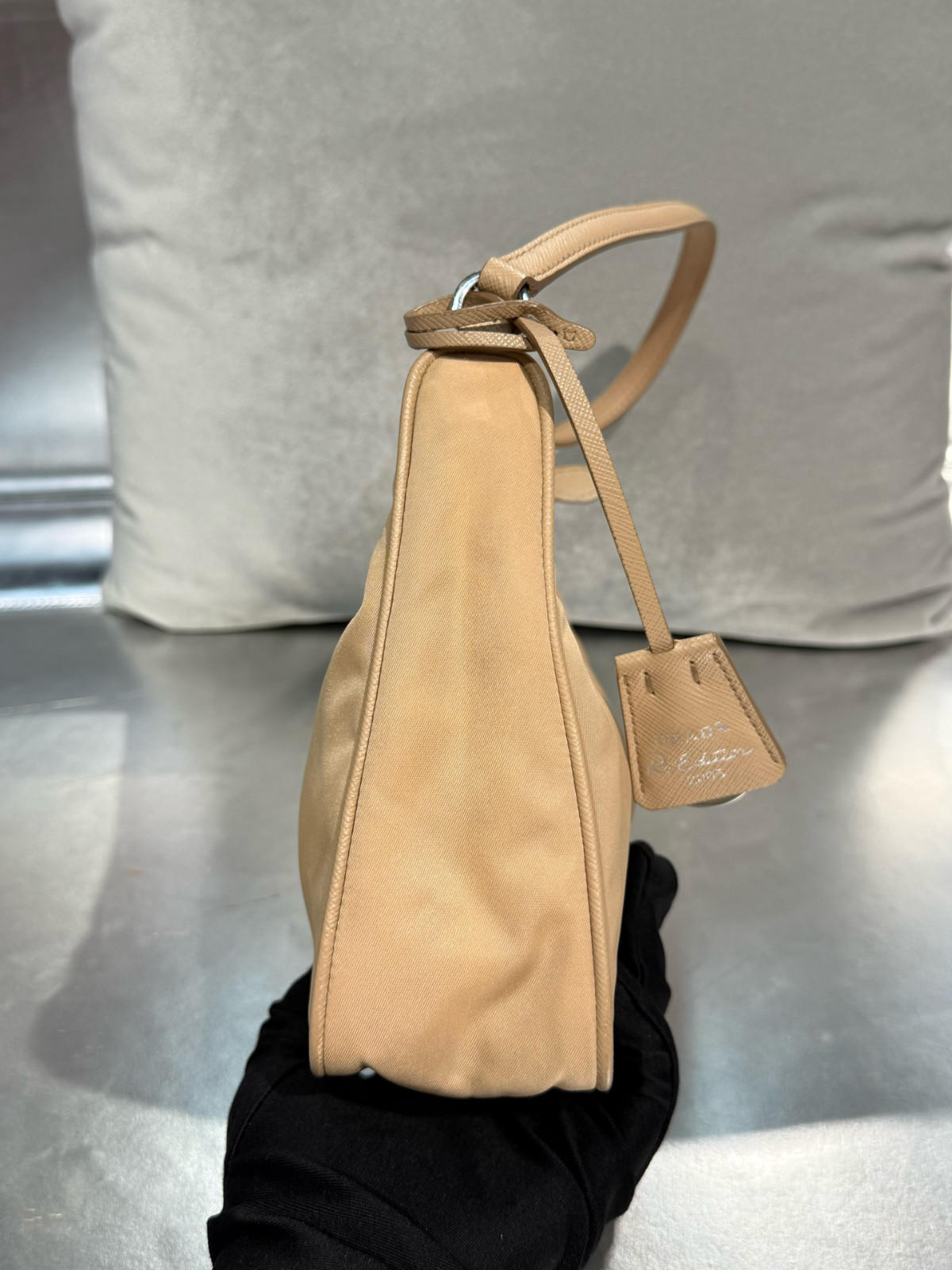 Authentic Prada Re-Edition 2005 Nylon Hobo Nylon with Leather Trim Hobo Beige