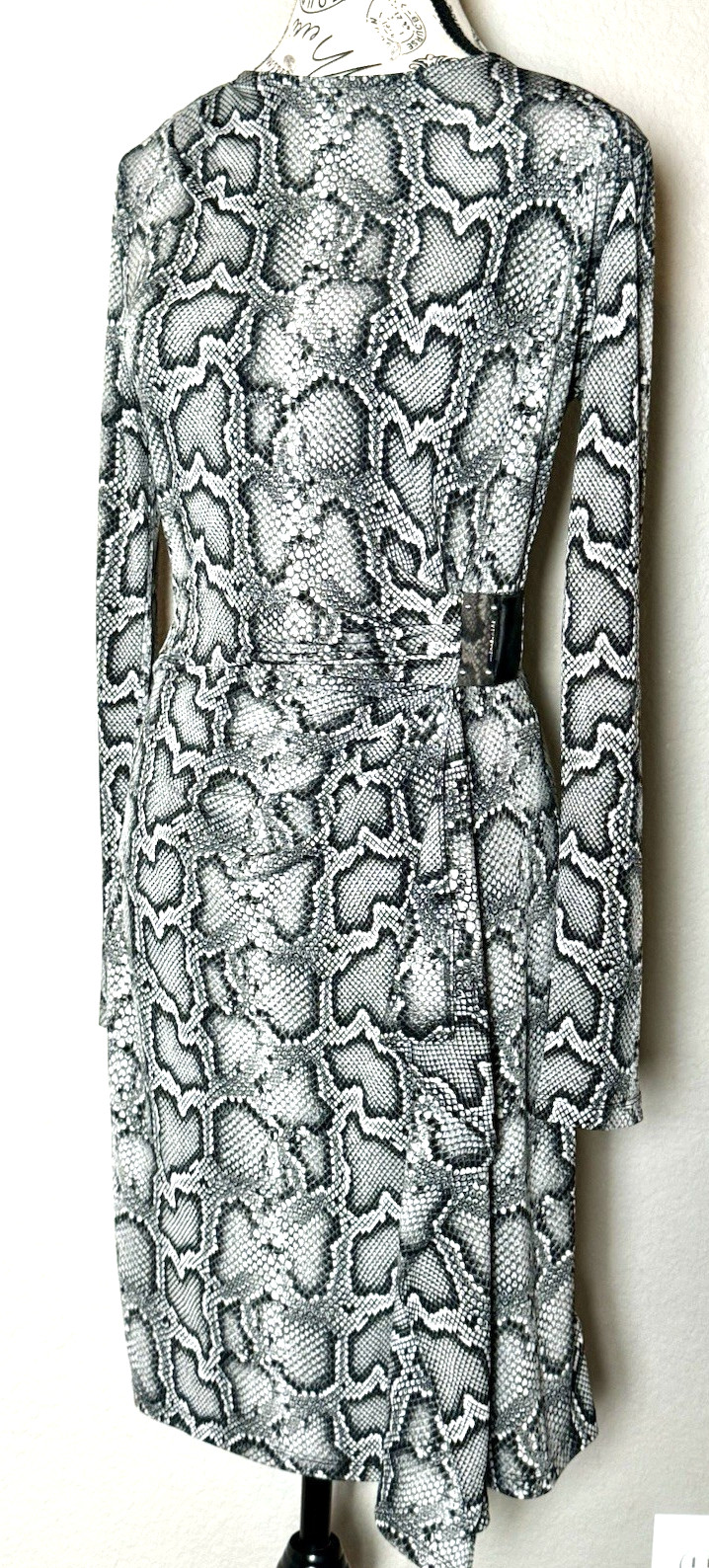 Michael Kors Snake Print Faux Wrap Dress Sz S Long Sleeve Logo Plate Grey EUC