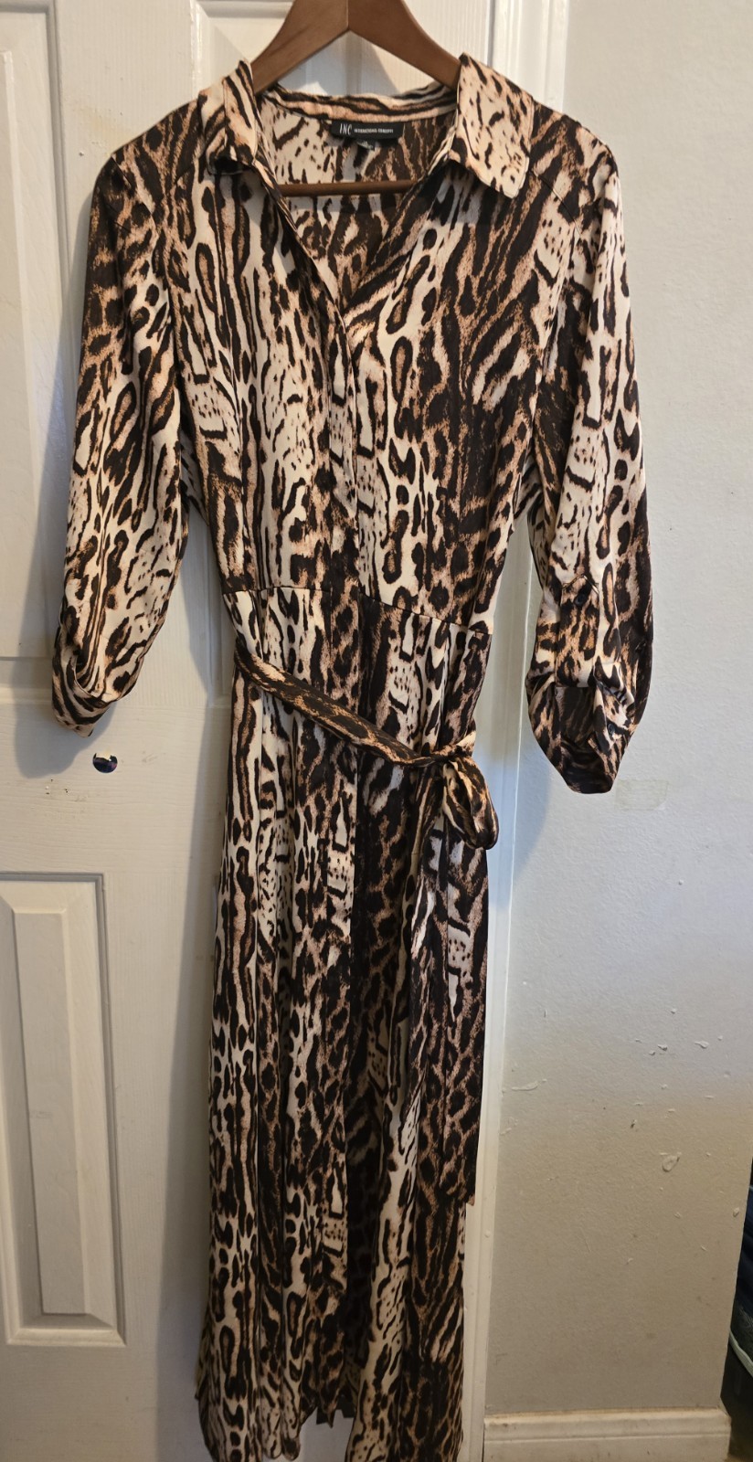 INC International Concepts Leopard Print Maxi Shirt Dress V-Neck Belted 12