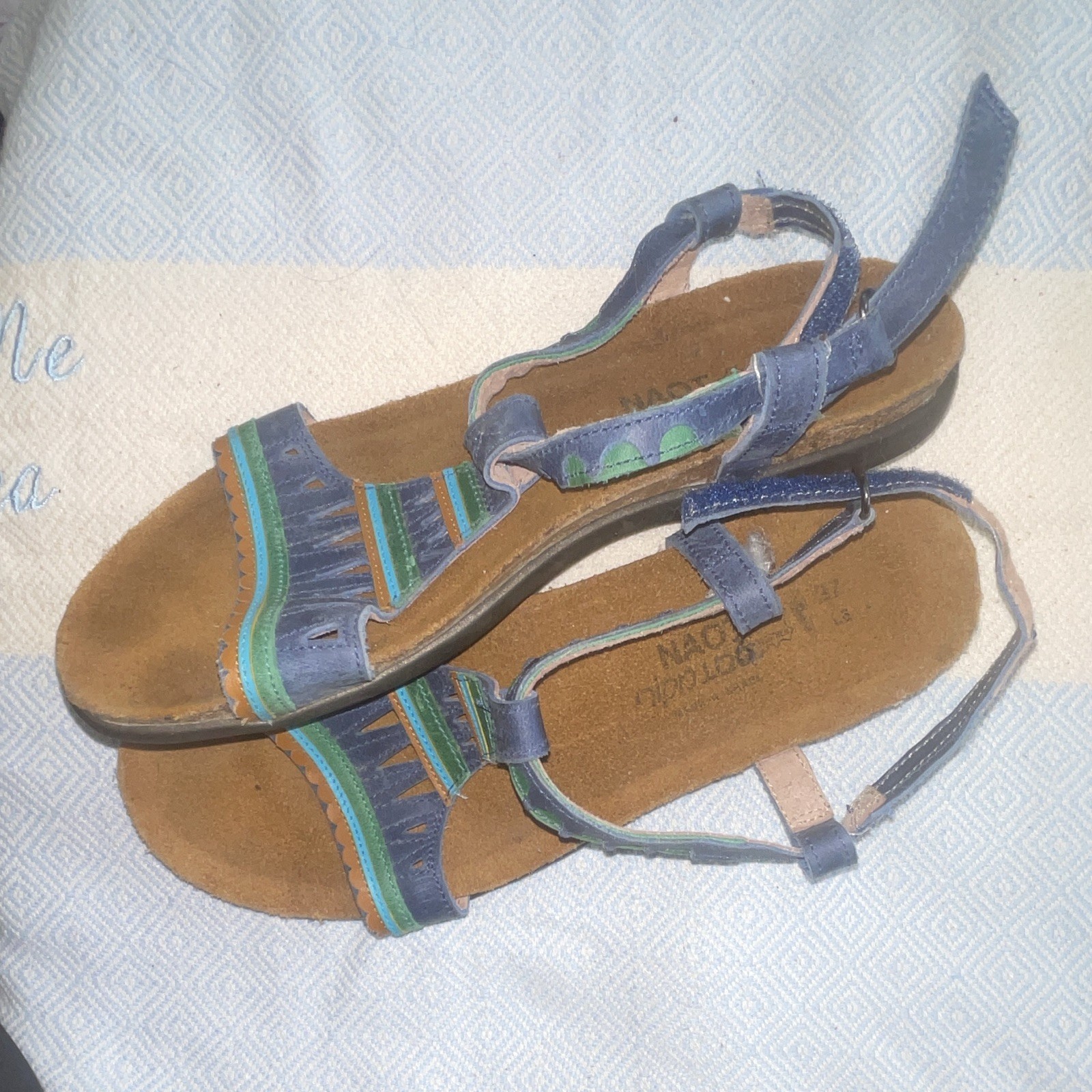 Naot Women’s Strappy Ankle Strap Sandals Leather Geometric Blue/Green/Tan 6