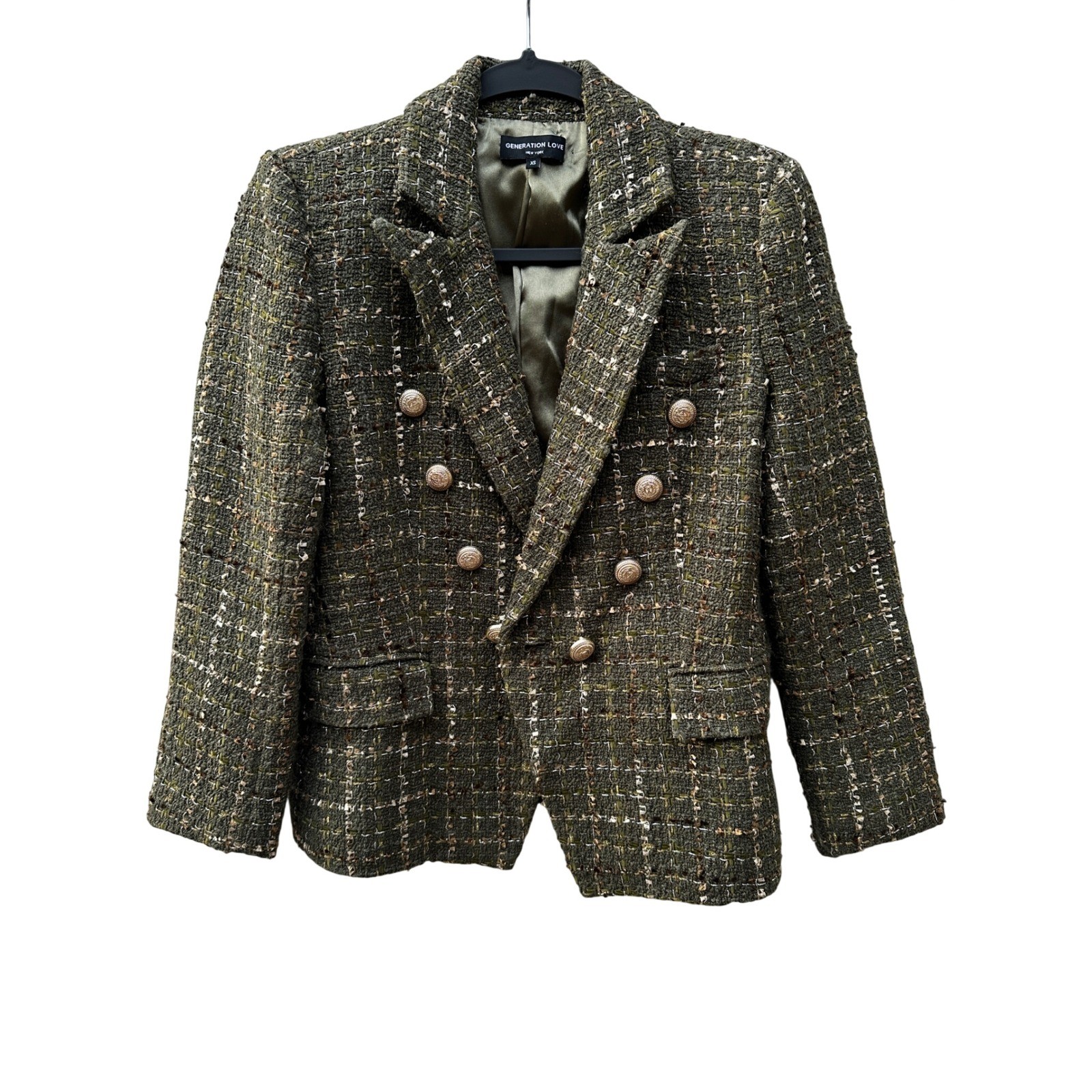 Generation Love Olive Green Tweed Double Breasted Metallic Blazer XS Gold Button