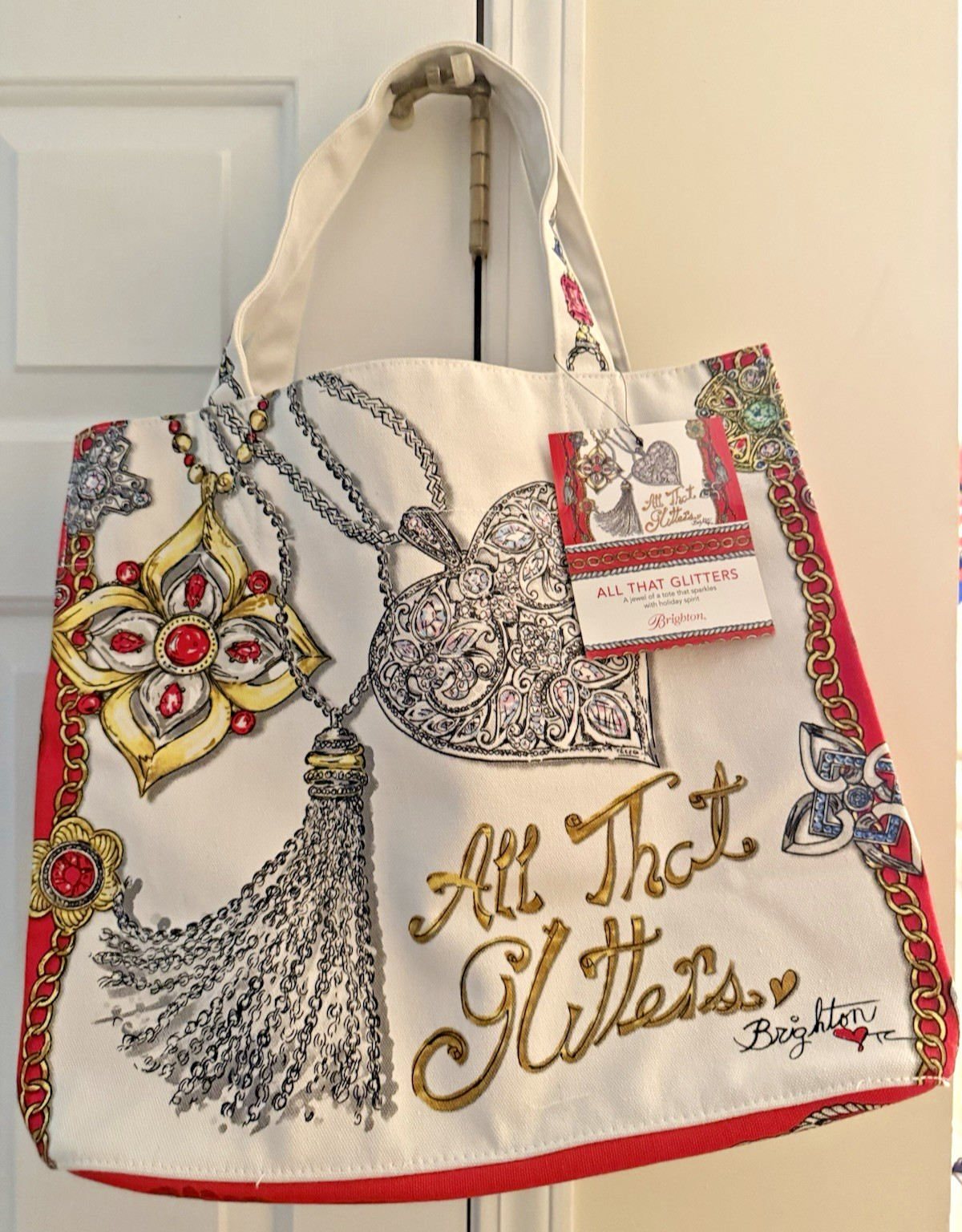 Brighton All That Glitters Canvas Tote Bag Tom Clancy Red Love Heart Jewels NWT