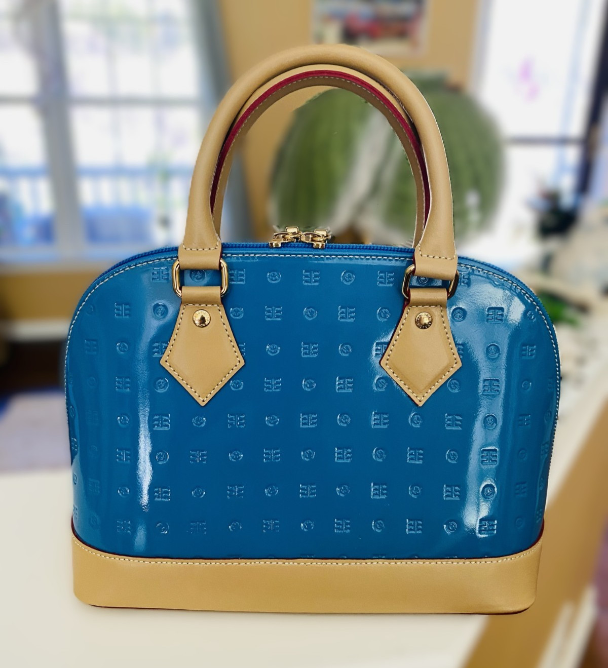 Arcadia Italy Sky Blue/Natural Embossed Patent Leather Handle Crossbody NWT
