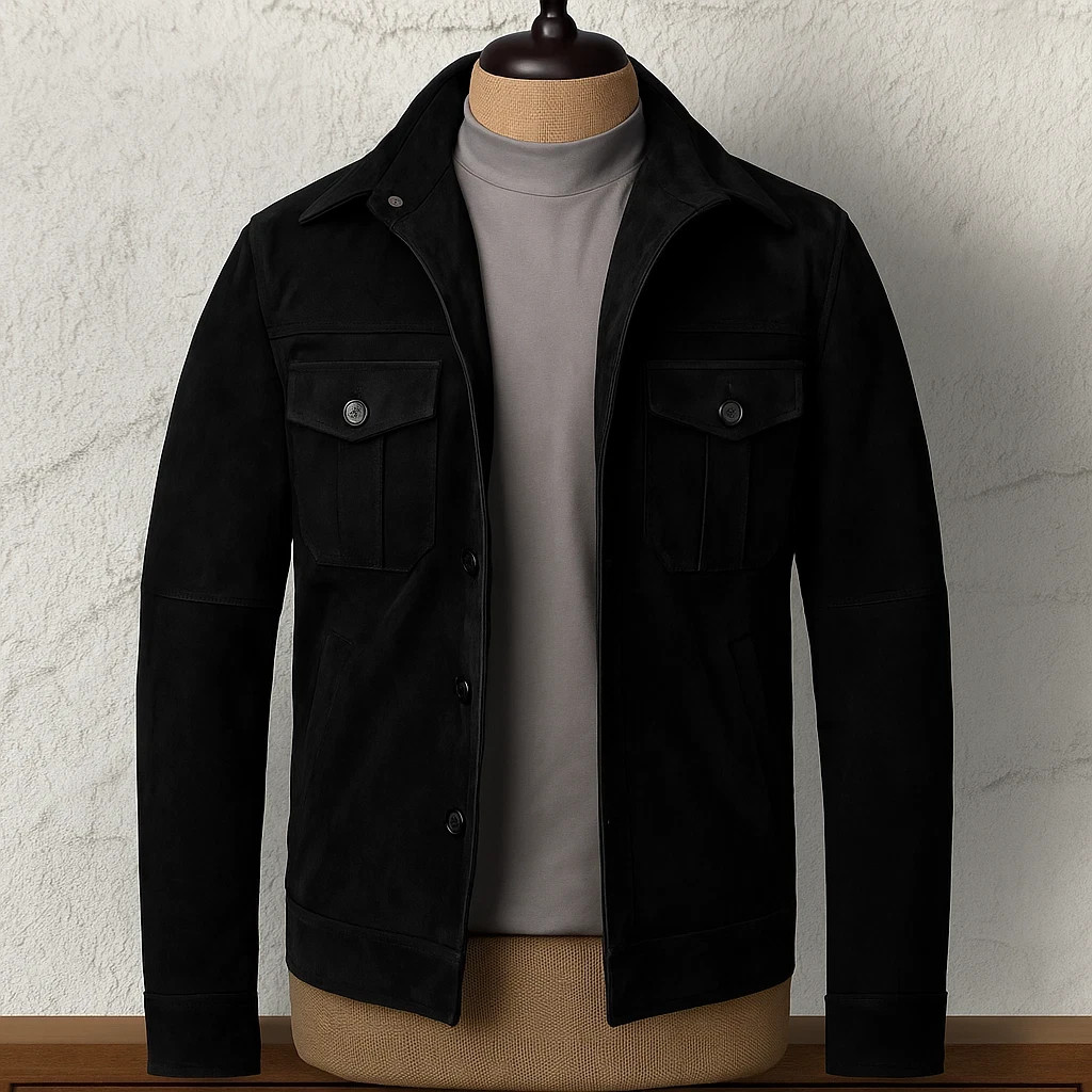 Mens Black Leather Trucker Jacket Pure Suede Custom Made Size S M L XL 2XL 3XL