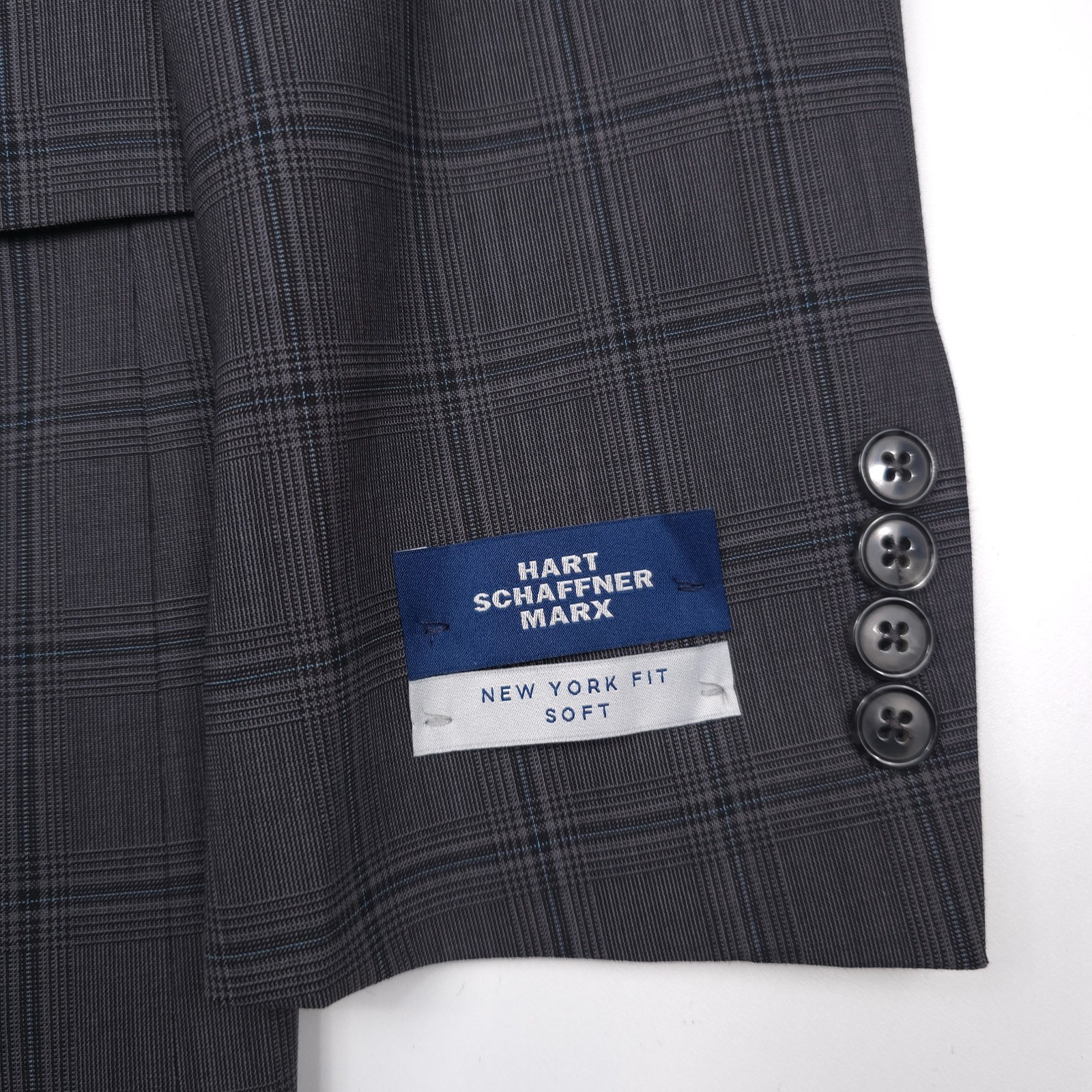 Hart Schaffner Marx Wool Suit Jacket Mens 40S Charcoal Gray Plaid NY Fit Soft
