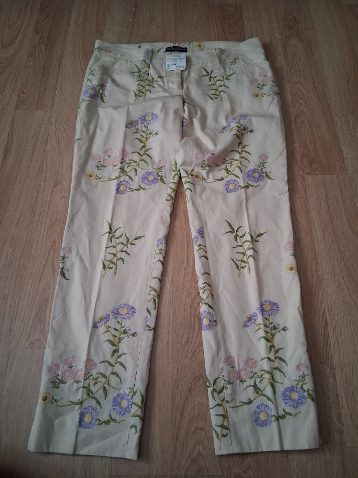 Dolce & Gabbana Women’s Floral Embroidered Beige Straight Leg Lined Pants