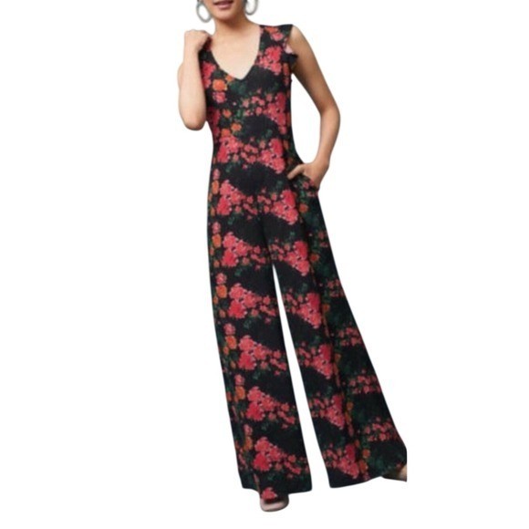 Anthropologie Floral Wide Leg Jumpsuit Black Pink Ruffle Back Cutout Pocket