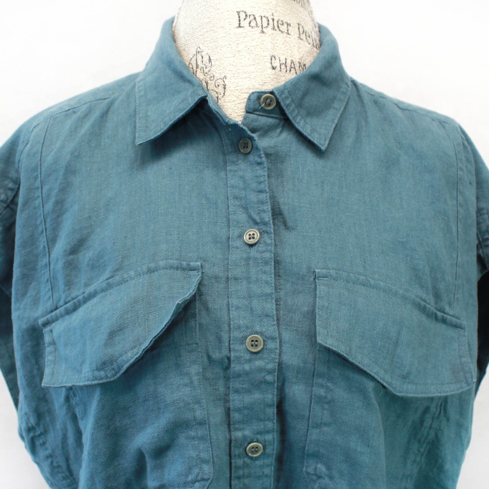 Madewell Flap-Pocket Button-Up Shirt 100% Linen mineral Green Cropped Casual XXL