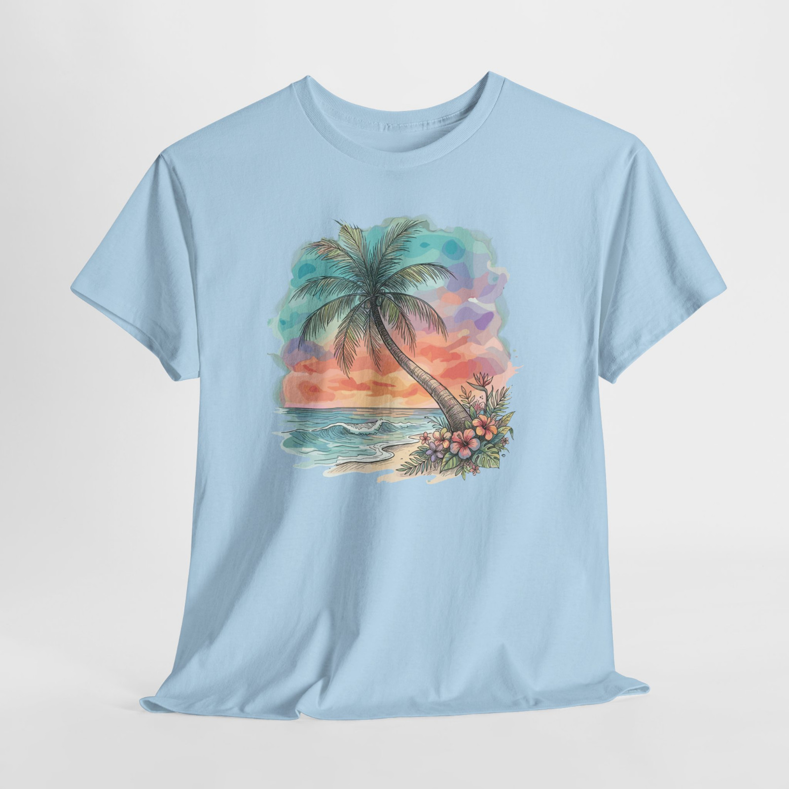 Sunset Beach Palm Tree Ocean Gift Graphic T Shirt Tee Top S-XL, Plus 2X 3X 4X 5X