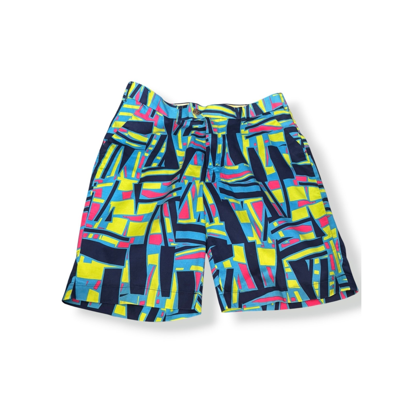 Loudmouth Golf Shorts Mens 34 Blue Neon Geometric Art Print Stretch Flat Front