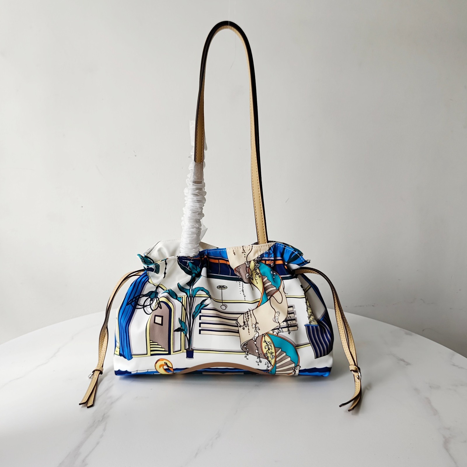 NWT Ella Printed Coated Canvas Drawstring Small Tote Shoulder Bag White Blue