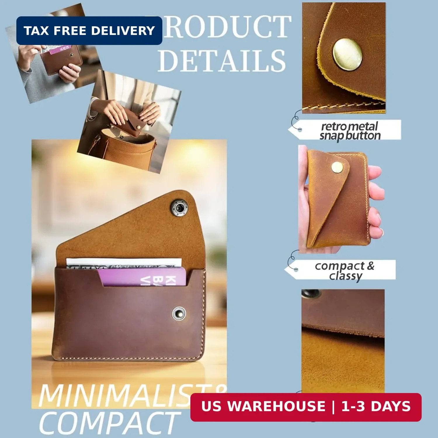 Handmade Genuine Leather Card Holder Slim Envelope Wallet Snap Pocket Case New