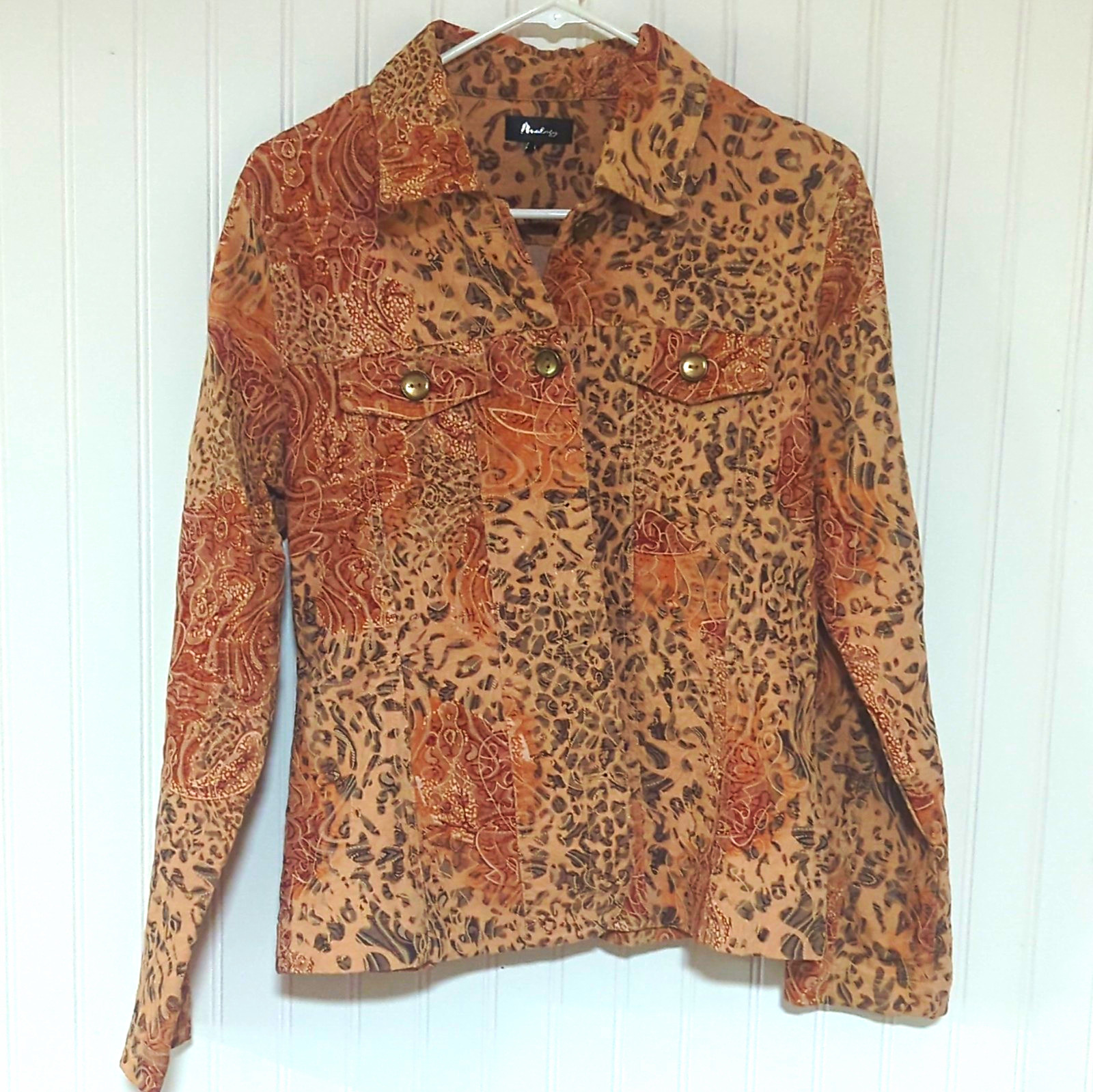 Analogy Womens Brown Animal Print Collared Button-Up Long Sleeve Top M