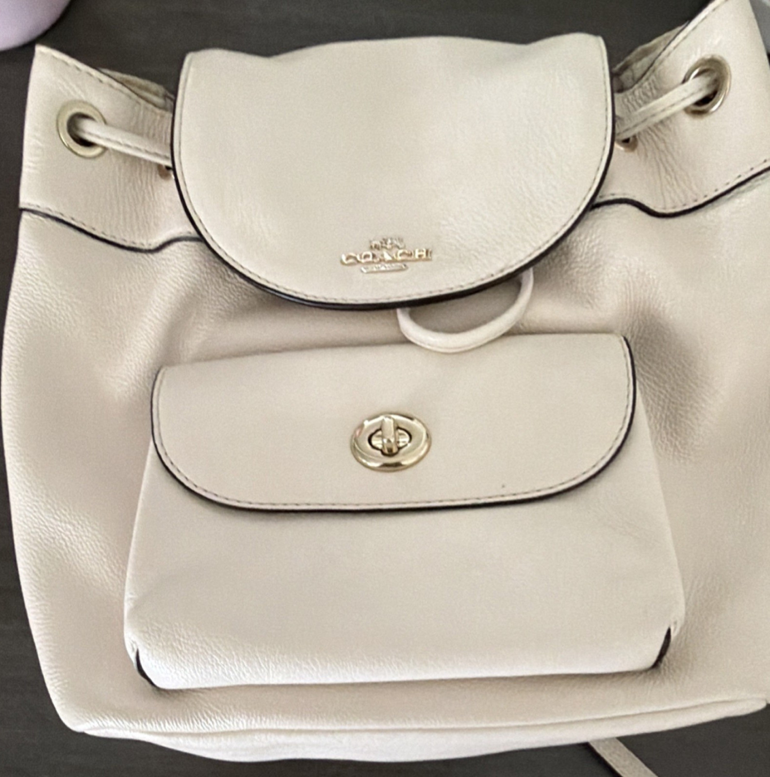 Coach Ivory Backpack Turn Lock Drawstring Logo Gold Hardware Bag Charm Designer