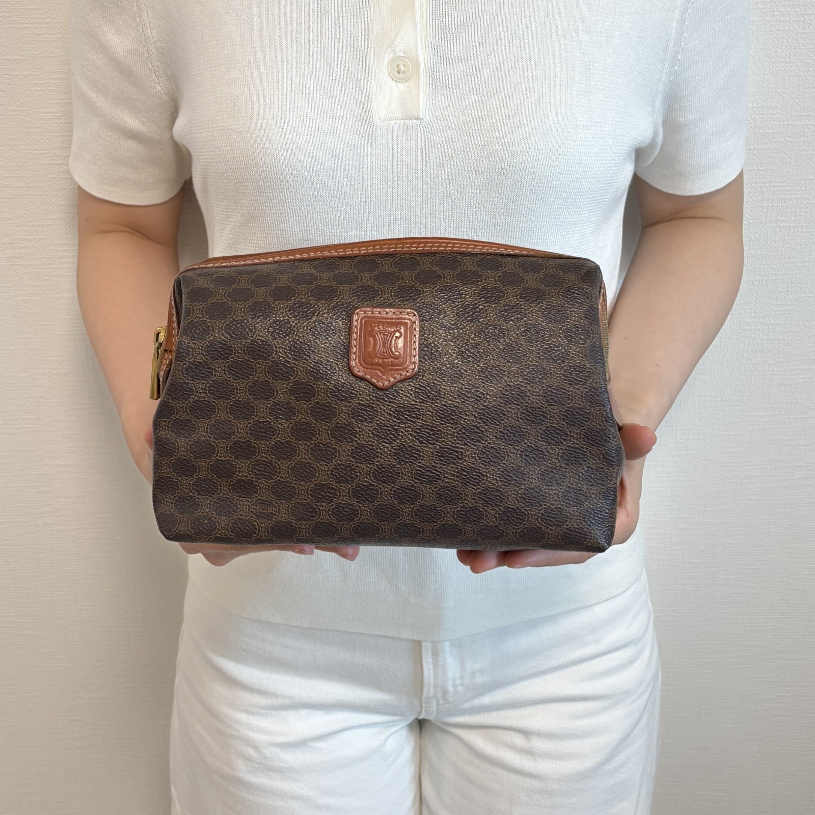 CELINE Vintage Macadam Vanity Clutch Bag Purse Cosmetic Pouch Brown