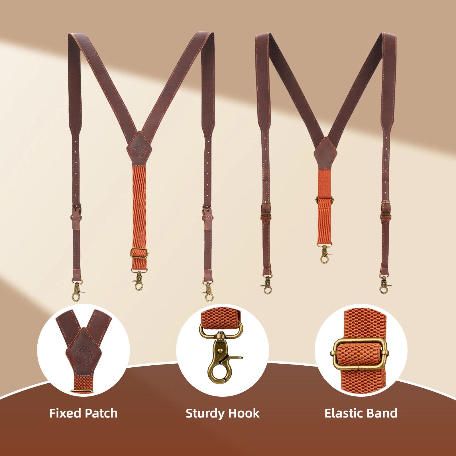 Tourbon Men’s Suspenders Y Back Adjustable Leather Y-Shaped 3 Hooks Pants Braces