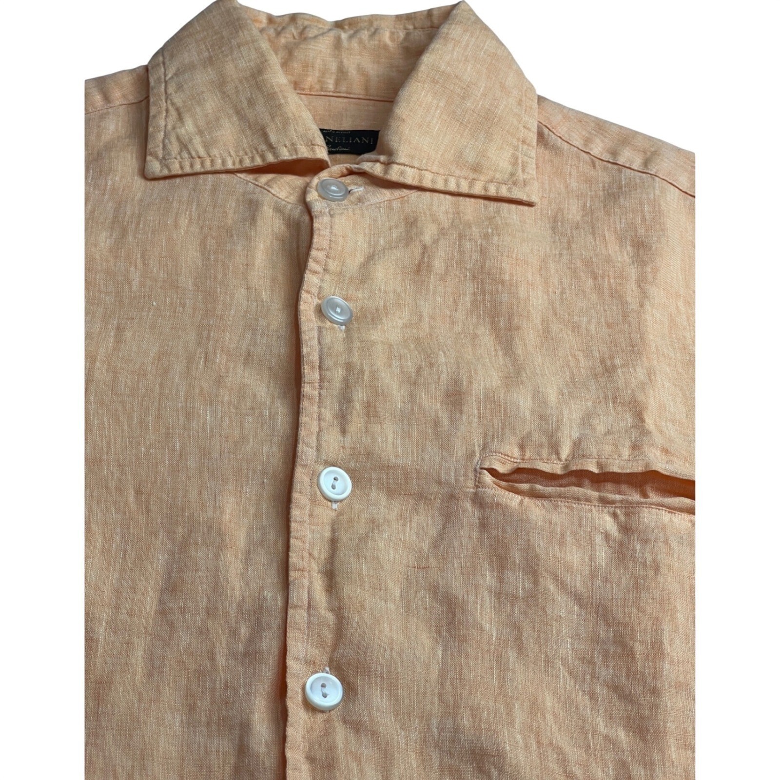 Corneliani Button Down Mens 15.5/39 Peach Orange Linen Made in Italy Luxury B27