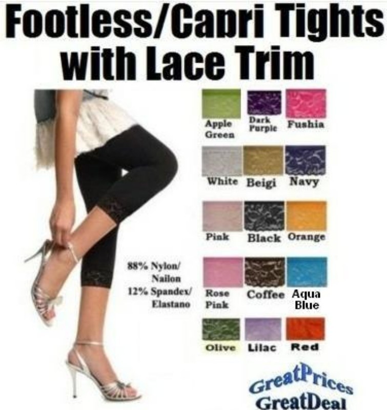 LADIES FOOTLESS TIGHT/CAPRI LEGGINGS With Lace Trim Angelina One Size
