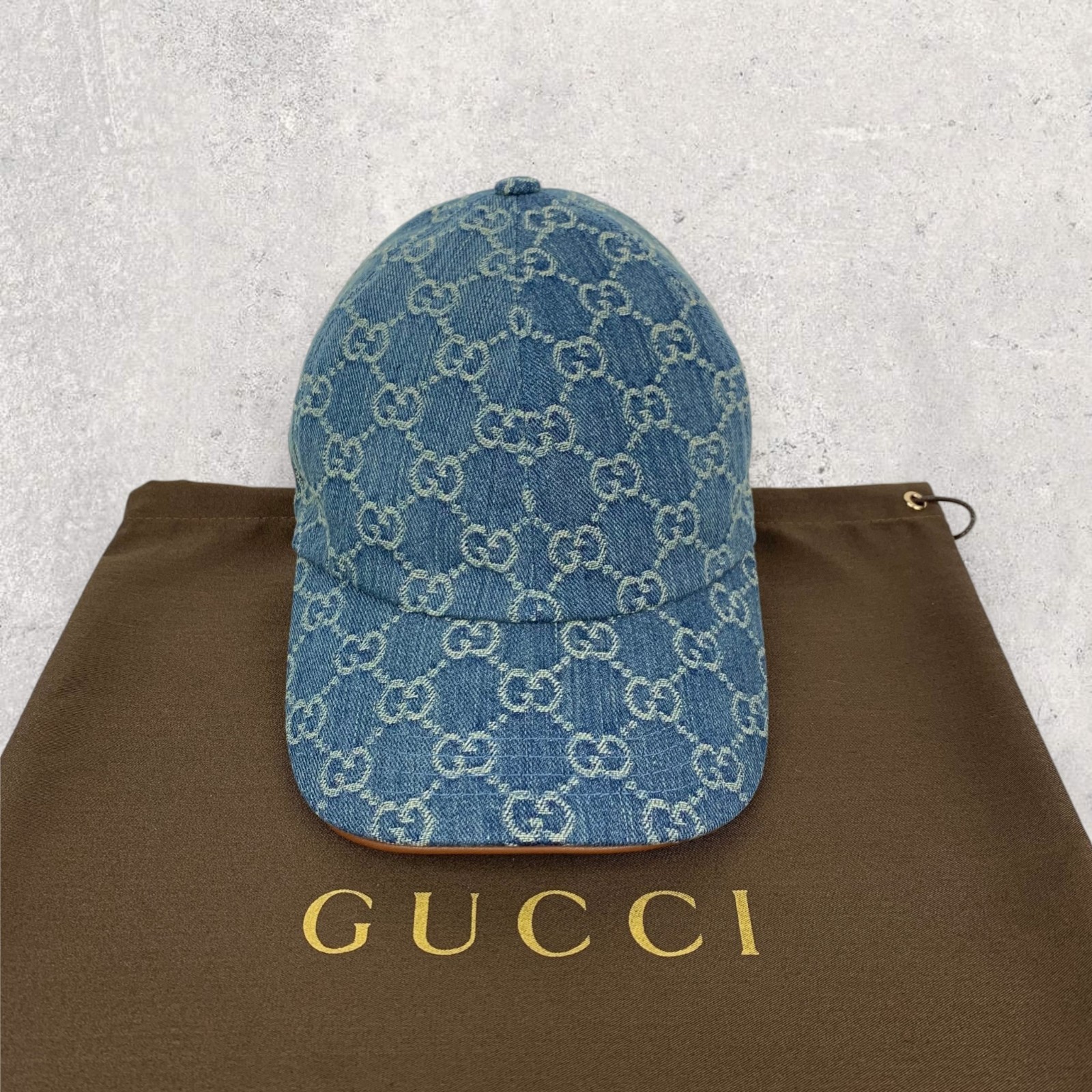 Gucci GG Monogram Logo Horsebit-Detailed Leather Denim Baseball Cap Blue Size M